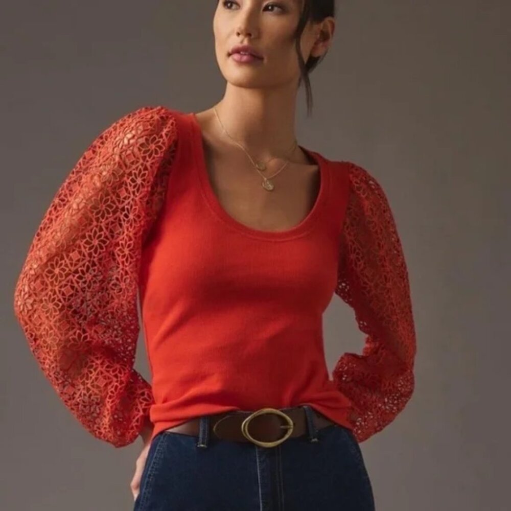 NWT Anthropologie Maeve Lace Crochet Sleeve Ribbed Top Dark Orange